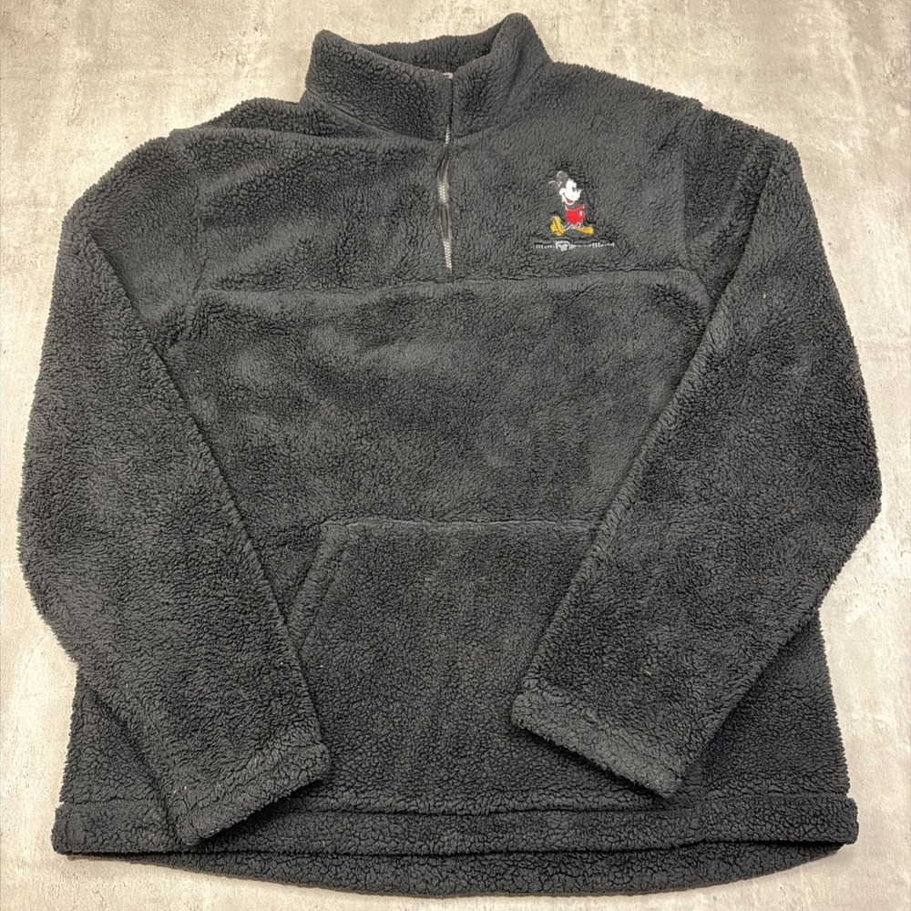 Walt Disney World Black Mickey Mouse 1/4 Zip Pullover Soft Fleece Sz L Plush